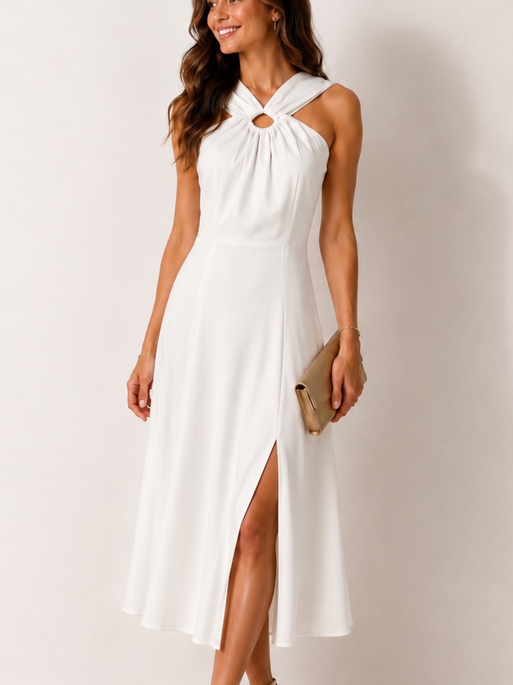 French Connection White Knot-Front Midi Dress